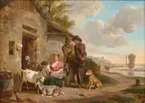Jeune gardienne de chèvres devant sa maison by Jean-louis Demarne, Toile d'origine avec le cachet de Belot rue de l'arbre sec au dos, sold Mar 2019