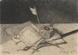 Nature morte à l'encrier by François Bonvin, Pierre noire et rehauts de sanguine, sold Jan 2019