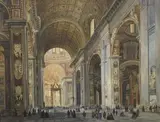 Vue animée de l'intérieur de Saint-Pierre de Rome by Vincenzo Marchi, Aquarelle gouachée sur traits de crayon noir, sold Mar 2018