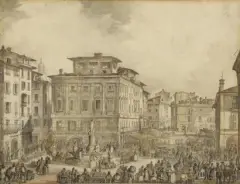 Vue animée d'une place en Italie ou Les préparatifs de la fête au palais by Giuseppe Canella, Plume et encre noire, aquarelle sur traits de crayon noir, sold Mar 2018