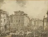Vue animée d'une place en Italie ou Les préparatifs de la fête au palais by Giuseppe Canella, Plume et encre noire, aquarelle sur traits de crayon noir, sold Mar 2018