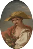 Jeune femme en Flore allégorie du printemps by Giovanni Antonio Pellegrini, Toile ovale, sold Mar 2023