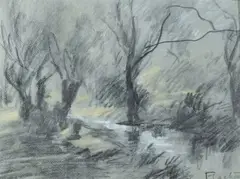 Après la pluie by François Cachoud, Pastel et fusain signé en bas à droite, sold Dec 2022