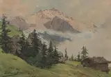 La Jungfrau au soleil couchant by Édouard Brun, Aquarelle signée en bas à gauche et située en bas à droite, sold Dec 2022