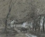 La charrette by François Cachoud, Crayon noir et craie, sold Dec 2022