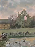 Vénerie du cerf : Équipage Saint-Rémy-en-Retz, hallali devant l'abbaye de Longpont by Karl Reille, Aquarelle sur papier, sold Jun 2021