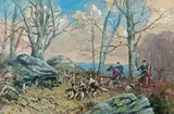Vénerie du sanglier : L'hallali, équipage du Rallye Combreux en Forêt de Fontainebleau by Karl Reille, Aquarelle sur papier, sold Jun 2021