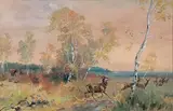 Vénerie du cerf : La harde et les veneurs by Karl Reille, Aquarelle et rehauts de gouache sur papier, sold Jun 2021