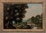 Paysage de forêt avec des personnages by Jasper van der Lanen, Panneau de chêne, trois planches, non parqueté, sold Jun 2021