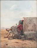 Un oriental fumant appuyé à une fontaine by Antoine Alphonse Montfort, Aquarelle sur traits de crayon noir, sold Apr 2021