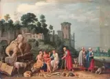 Berger et passantes devant un paysage à la statue équestre by Willem van Nieulandt, Panneau de chêne, deux planches, non parqueté, sold Mar 2021