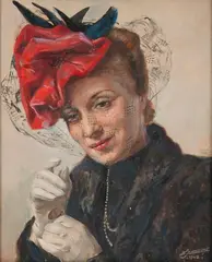 Portrait de femme à la voilette by Lucien Jonas, 1942, Gouache sur carton, sold Nov 2020