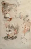 Portrait d'Alice Helleu de face et de profil, portrait de profil de Madame Clarigny à gauche et d'une main by Paul César Helleu, Crayon noir, sanguine et rehauts de blanc, sold Dec 2013