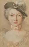 Portrait de jeune femme au chapeau et aux noeuds roses by Jean-Martial Frédou, Pierre noire, sanguine et rehauts de blanc, sold Dec 2013