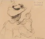 Madame Lebasque et sa fille Nono, circa 1901 by Henri Lebasque, Crayon noir sur papier, sold Apr 2021