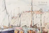 Bateaux au port dans le midi by Henri Person, Aquarelle sur traits de crayon noir, sold Mar 2021