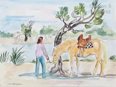 La hâlte au bord du petit Rhône by Yves Brayer, Aquarelle et traits de crayon sur papier, sold Jan 2021