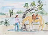 La hâlte au bord du petit Rhône by Yves Brayer, Aquarelle et traits de crayon sur papier, sold Jan 2021