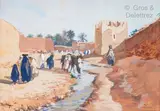 Porteuses d’eau près de la casbah by Henri Jean Pontoy, Gouache sur papier contrecollé sur panneau, sold Dec 2020