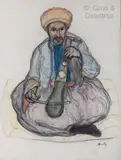 Musicien assis en tailleur by André Suréda, Pastel et crayon noir, sold Dec 2020