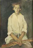 Portrait d'homme assis tenant une baguette de pain by Gabriel Dauchot, Toile signée en haut à droite, sold Mar 2015