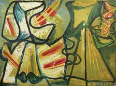 Composition by Olivier Debré, 1948, Toile signée en bas à droite et datée, contresignée et datée au dos, sold Mar 2015