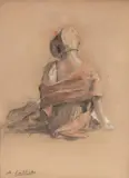 Jeune femme au chapeau et écharpe vue de dos by Antoine Calbet, Fusain et pastel signé en bas à gauche, sold Nov 2014