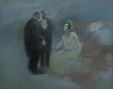 Deux hommes et une femme parlant by Jean-Louis Forain, Pastel signé en bas à droite, sold Nov 2014
