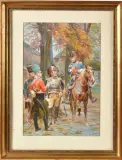 Officiers supérieurs de cavalerie conversant. Époque Premier Empire by Alphonse Lalauze, 1908, Aquarelle et rehauts de gouache signée et datée, sold Jul 2024
