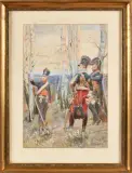 Chasseur à cheval faisant son rapport à un officier de hussard et un officier de chasseur à cheval. Époque Premier Empire by Alphonse Lalauze, 1909, Aquarelle et rehauts de gouache signée et datée, sold Jul 2024