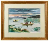 Mexique : barques sur le lac de Pátzcuaro by Yves Brayer, Aquarelle, sold Jul 2024