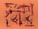 Composition, ca 1955 by Georges Mathieu, Gouache rouge et encre noire sur papier orange, sold Dec 2014