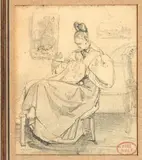 Caroline Richomme cousant by Paul Huet, Crayon noir, sold Nov 2014