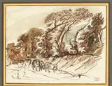 Les arbres tordus par le vent by Paul Huet, Lavis gris, plume et encre brune, sur traits de crayon noir, sold Nov 2014
