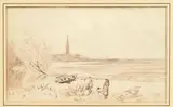 Vue d'une ville en bord de mer, Angleterre by Paul Huet, Lavis brun, aquarelle, sur traits de crayon noir Annoté au revers du montage Voyage en Ang, sold Nov 2014