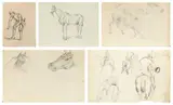 Huit études de chevaux, cavaliers et chiens by René-Paul Huet, Crayon noir, rehauts de blanc, sold Nov 2014