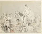 Un poste de F. F. I., (passage de Bertin et Etoile), aoûtseptembre 1944 Sujet humoristique by Maurice Perret - Carnot, Crayon noir et crayons de couleur, sold Nov 2014