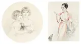 Portraits d'André et Jean Perret Carnot, Marguerite Carnot, Michel Carnot, Jean Claude Carnot, André Carnot, Lucie et Marguerite Sadi Carnot, Paulette Carnot, L by Maurice Perret - Carnot, Crayon noir, rehauts de crayons de couleurs, aquarelle, sold Nov 2014