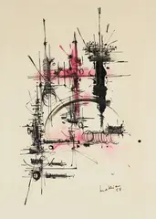Composition by Georges Mathieu, 1958, Encre noire et gouache sur papier, sold Mar 2024