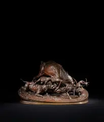 Grand chasse au cerf, N°1, cerf attaqué par 4 chiens, circa 1860 by Pierre-Jules Mêne, Bronze à patine brune, sold Mar 2024