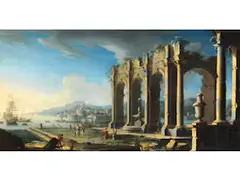Hafenvedute mit Klassischen Ruinen by Gennaro Greco il Mascacotta, oil on canvas, sold Jun 2024