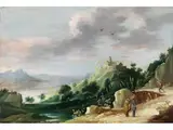 Felsige Landschaft mit Burg und Wanderern by David Teniers d.J., oil on panel, sold Jun 2023