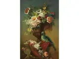 Stillleben mit Papagei und Blumen by Vittorio Amedeo Rapous, oil on canvas, sold Mar 2023