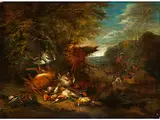 Jagdstillleben in Waldlandschaft by Adriaen de Gryeff, oil on canvas, offered Sep 2015