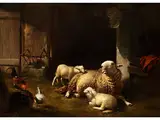 Stallszene mit Schafsfamilie, Hahn und Henne by Eugène Verboeckhoven, oil on canvas, sold Jul 2015
