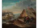 Winterlandschaft mit Eisvergnügen und Drei Männern vor Einer Kate by Charles Bigée, oil on panel, offered Apr 2016