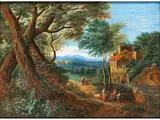 Weite Landschaft mit Flüsschen und Figuren by Adriaen Frans Boudewyns d. Ä., oil on panel, sold Mar 2024
