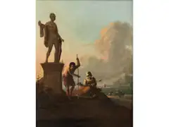 Italienische Landschaft mit Hirtenpaar Neben der Statue des Apollo by Wigerus Vitringa, oil on panel, sold Jun 2021