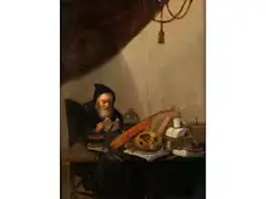 Gelehrter in Stube mit Vanitasstillleben by David Ryckaert III, oil on panel, sold Apr 2020