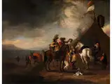Zwei Reiter und ein Schimmel vor Einem Marketenderzelt by Pieter Wouwerman, oil on canvas, offered Mar 2015